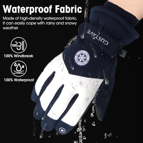 Gustave® Winter Gloves for Men, Waterproof and Windproof Warm Outdoor Riding Gloves, Touch Screen Design Bike Gloves with Soft Fluff Lining and Anti-Slip Grip for Hiking and Cycling, Blue + White - Image 3