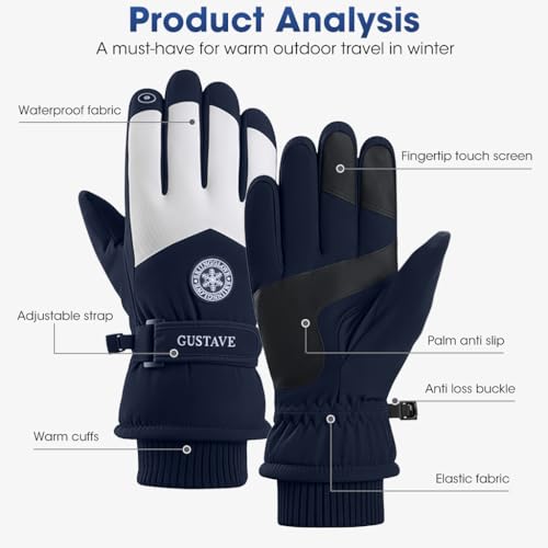 Gustave® Winter Gloves for Men, Waterproof and Windproof Warm Outdoor Riding Gloves, Touch Screen Design Bike Gloves with Soft Fluff Lining and Anti-Slip Grip for Hiking and Cycling, Blue + White - Image 4