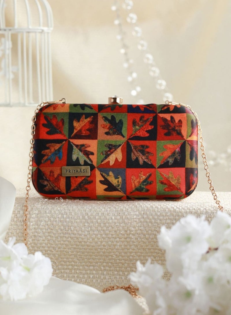 Priyaasi womens Orange  Green Printed Box Clutch  - Image 1
