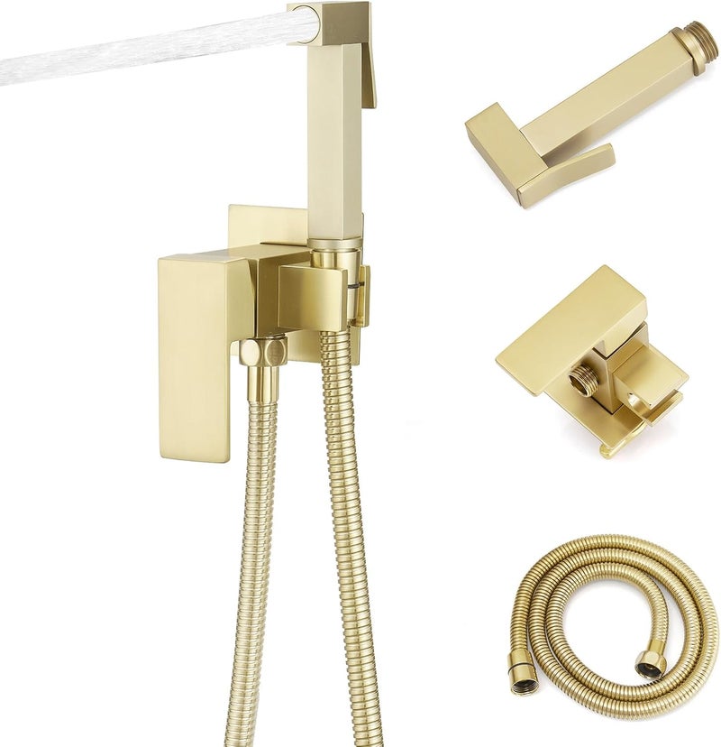 Homevacious Bidet Sprayer for Toilet Adjustable Water Pressure Square Brass Bidet Attachment Set for Feminine Pets and Baby Diaper Washing Brushed Gold - Image 1