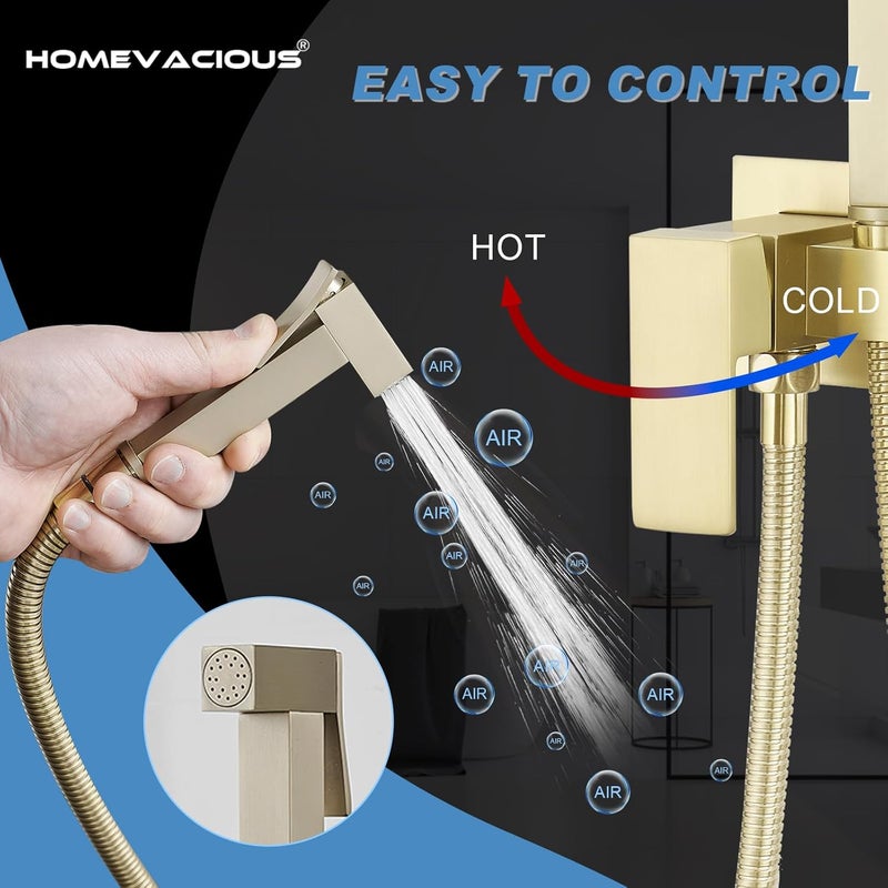 Homevacious Bidet Sprayer for Toilet Adjustable Water Pressure Square Brass Bidet Attachment Set for Feminine Pets and Baby Diaper Washing Brushed Gold - Image 4
