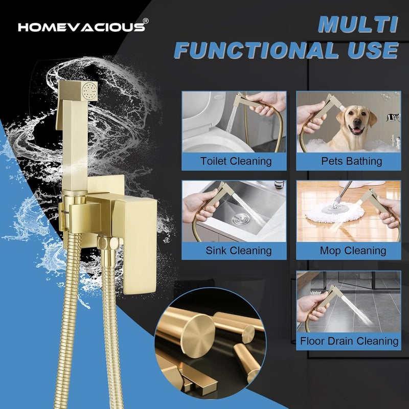 Homevacious Bidet Sprayer for Toilet Adjustable Water Pressure Square Brass Bidet Attachment Set for Feminine Pets and Baby Diaper Washing Brushed Gold - Image 3
