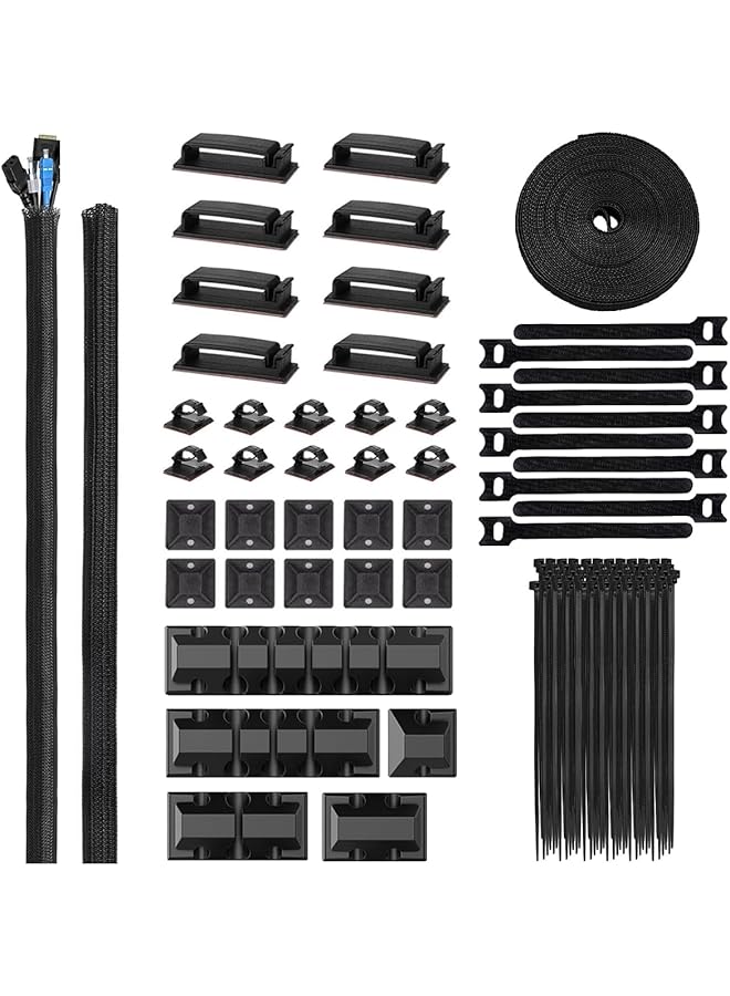 S-TOP Cable Management Kit |146Pcs Tidy for Home Office Under Desk- 100 Wire Organizer Ties, 5 Upgrade Silicone Holder, 2 Sleeve, 28 Adhesive Clips, 1 Roll Organiser Straps etc, Black - Image 1