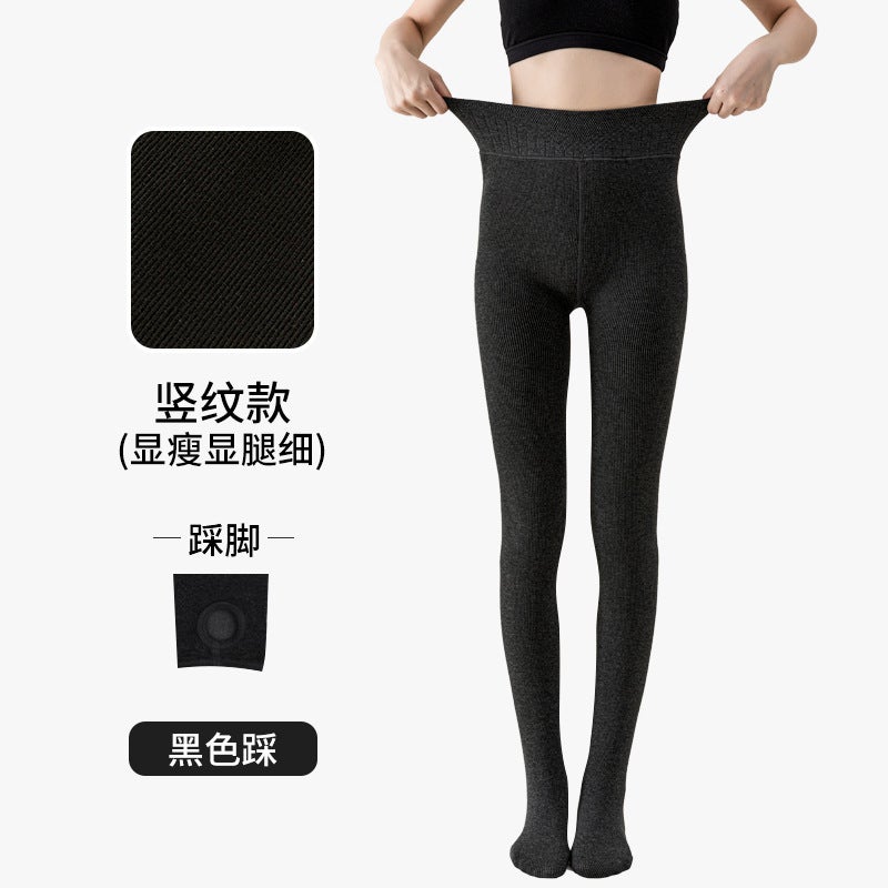 Cashmere Leggings Women'S Outer Wear Fleece-Lined Thick Pantyhose High Waist Warm Cotton Pants Vertical Stripes Step-On Leggings - Image 1