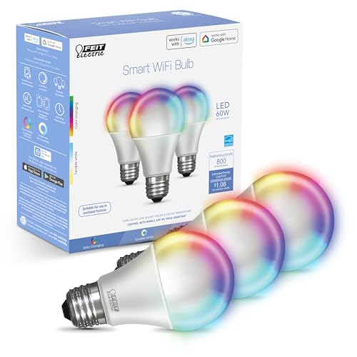 Feit Electric Smart Light Bulbs with RGB Color Changing and Tunable White, 2.4Ghz WiFi Light Bulbs, No Hub Needed, Works with Alexa and Google, Dimmable 60 Watt = LED 9W, OM60/RGBW/CA/AG/3, 3 Pack - Image 1