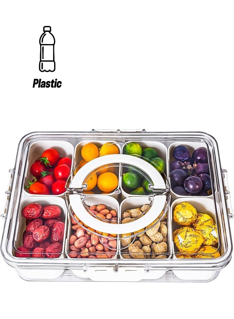 كيلا صينية تقديم مقسمة مع غطاء ومقبض، حاوية تخزين طعام محمولة، صينية وجبات خفيفة، صندوق شفاف قابل للإزالة مكون من 8 مقصورات لتنظيم الخضراوات والحلوى والفواكه والوجبات الخفيفة - Image 1