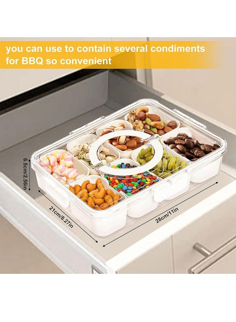 كيلا صينية تقديم مقسمة مع غطاء ومقبض، حاوية تخزين طعام محمولة، صينية وجبات خفيفة، صندوق شفاف قابل للإزالة مكون من 8 مقصورات لتنظيم الخضراوات والحلوى والفواكه والوجبات الخفيفة - Image 2