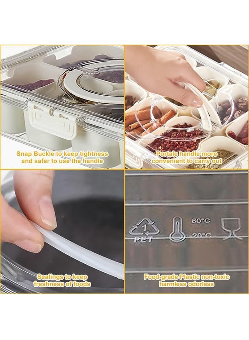 كيلا صينية تقديم مقسمة مع غطاء ومقبض، حاوية تخزين طعام محمولة، صينية وجبات خفيفة، صندوق شفاف قابل للإزالة مكون من 8 مقصورات لتنظيم الخضراوات والحلوى والفواكه والوجبات الخفيفة - Image 3