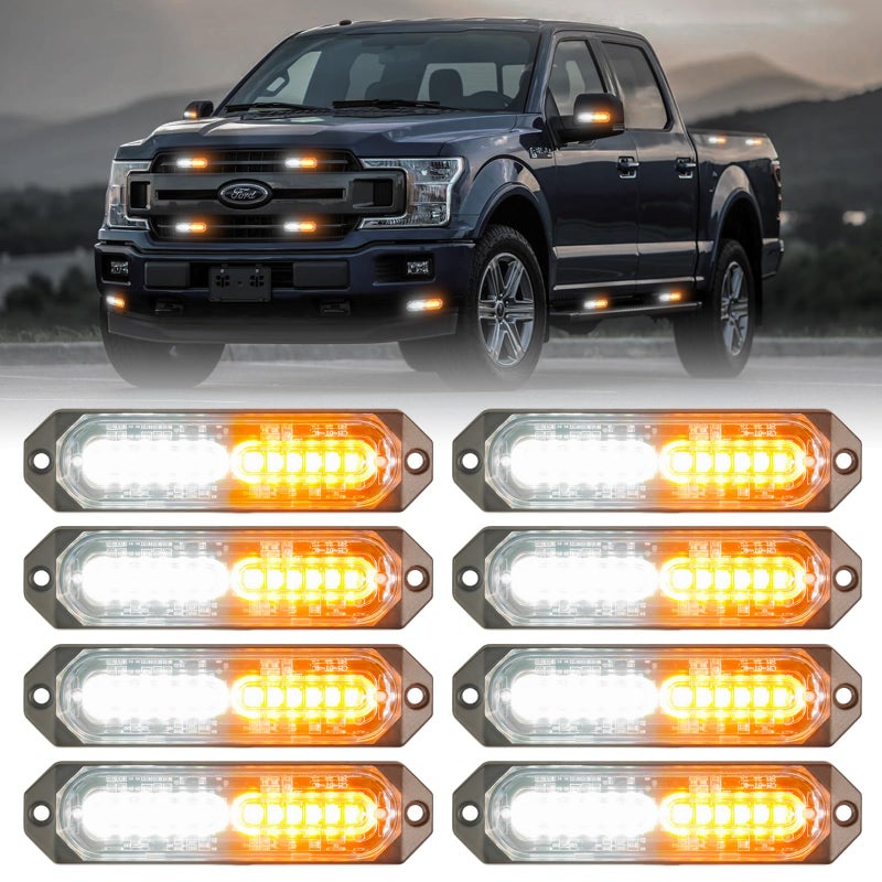 PKINGLAKE 8-Pcs 12 LED Sync Feature Emergency Strobe Grille Lights Ultra Slim Surface Mount Hazard Warning Flashing Light Bar for Firefighter/Construction/Police/Trucks/Vehicles/Car/SUV (Amber/White) - Image 1