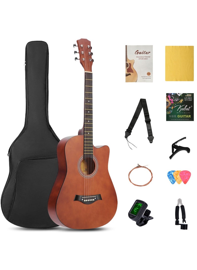 ShineDown ShineDown 38 inch Acoustic Guitar Brown in Full Size For Beginner All Wood Cutaway Starter Set with Free Bag Capo A Pack of Extra Strings Picks Strap  - Image 1