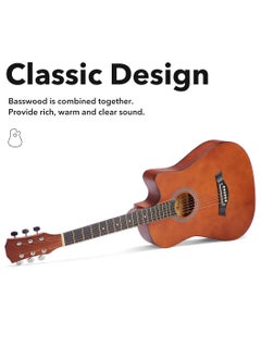 ShineDown ShineDown 38 inch Acoustic Guitar Brown in Full Size For Beginner All Wood Cutaway Starter Set with Free Bag Capo A Pack of Extra Strings Picks Strap  - Image 3