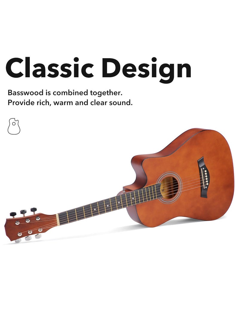 ShineDown ShineDown 38 inch Acoustic Guitar Brown in Full Size For Beginner All Wood Cutaway Starter Set with Free Bag Capo A Pack of Extra Strings Picks Strap  - Image 3