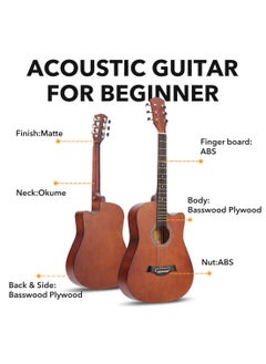 ShineDown ShineDown 38 inch Acoustic Guitar Brown in Full Size For Beginner All Wood Cutaway Starter Set with Free Bag Capo A Pack of Extra Strings Picks Strap  - Image 4