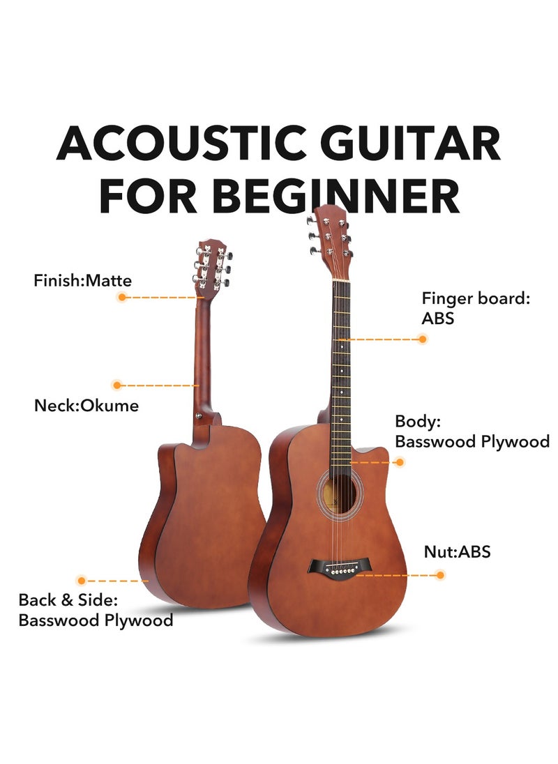 ShineDown ShineDown 38 inch Acoustic Guitar Brown in Full Size For Beginner All Wood Cutaway Starter Set with Free Bag Capo A Pack of Extra Strings Picks Strap  - Image 4