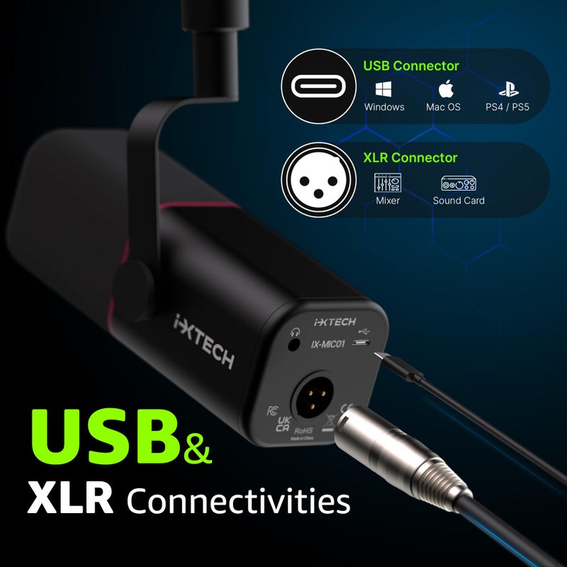 i-XTECH ميكروفون ديناميكي كارديويد من IXTECH مع غطاء ميكروفون، ميكروفون USB XLR صوتي للبودكاست، البث، التسجيل، الألعاب والتعليق الصوتي (أسود) - Image 3