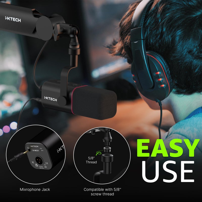 i-XTECH ميكروفون ديناميكي كارديويد من IXTECH مع غطاء ميكروفون، ميكروفون USB XLR صوتي للبودكاست، البث، التسجيل، الألعاب والتعليق الصوتي (أسود) - Image 5