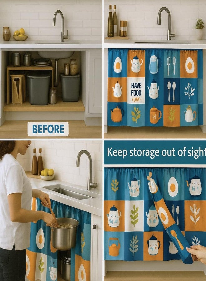 XOIPED Decorative Sink Curtain for Kitchen | Pack of 2 | 150×70 cm Under-Sink Cover | Printed Fabric Panel with Rod Pocket | Washable Storage-Hiding Curtain for Modern Home Décor (KITLI) - Image 4