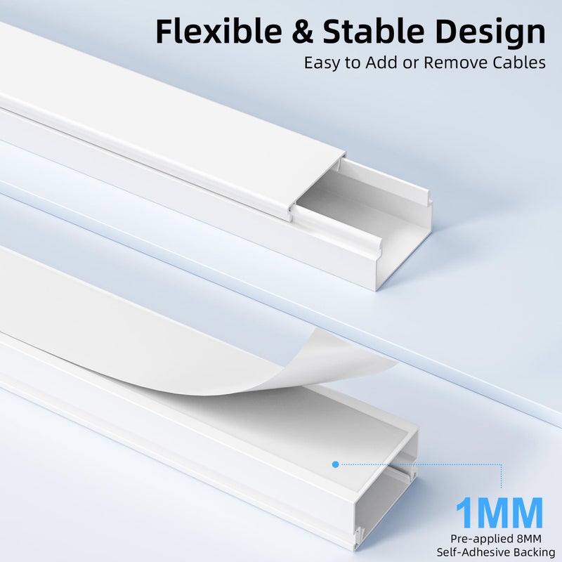 Delamu Cord Hider for Wall Mounted TV, 57in Paintable Cable Cover System, Self-Adhesive Cable Management Raceway Kit Hides 2-3 Wires, Baseboard Wire Hider Easy Installation, W 0.95 H 0.55in, White - Image 3