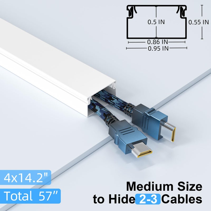Delamu Cord Hider for Wall Mounted TV, 57in Paintable Cable Cover System, Self-Adhesive Cable Management Raceway Kit Hides 2-3 Wires, Baseboard Wire Hider Easy Installation, W 0.95 H 0.55in, White - Image 2