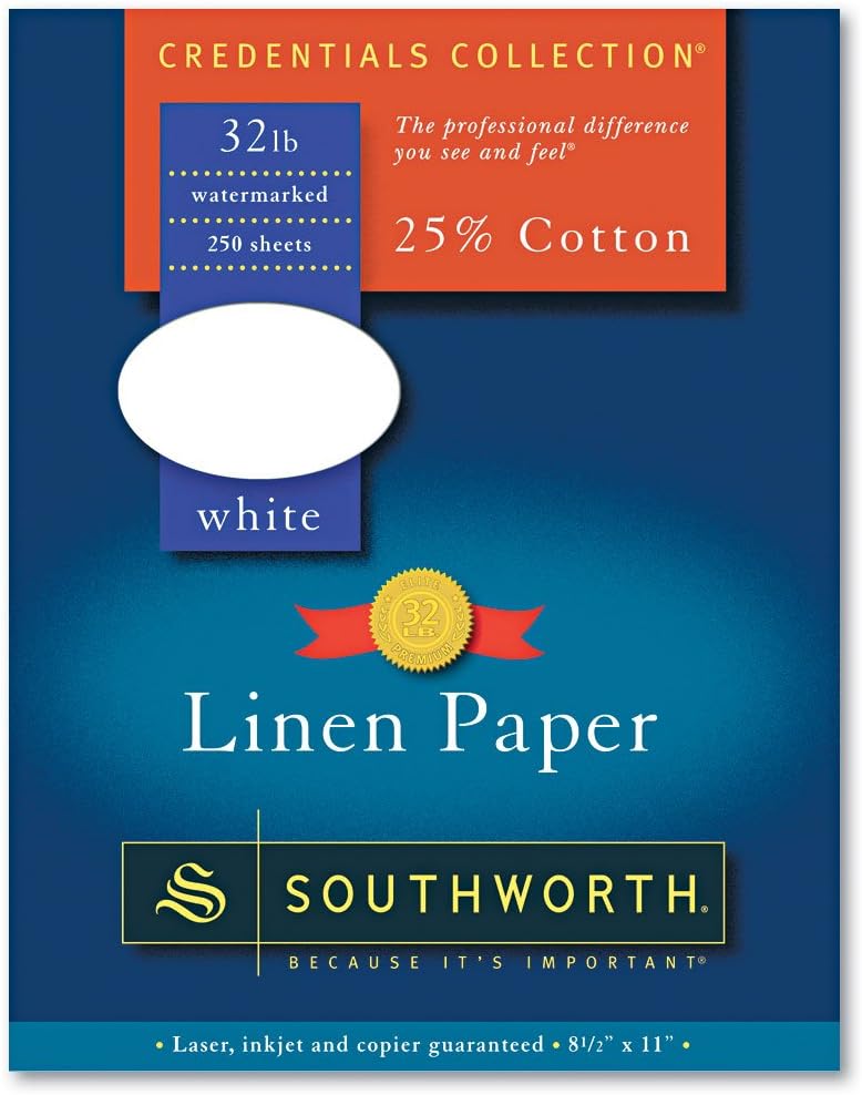 Southworth ورق الأعمال القطني والكتاني Southworth J558C 25 32 رطل 812 × 11 أبيض 250 صندوق - Image 1