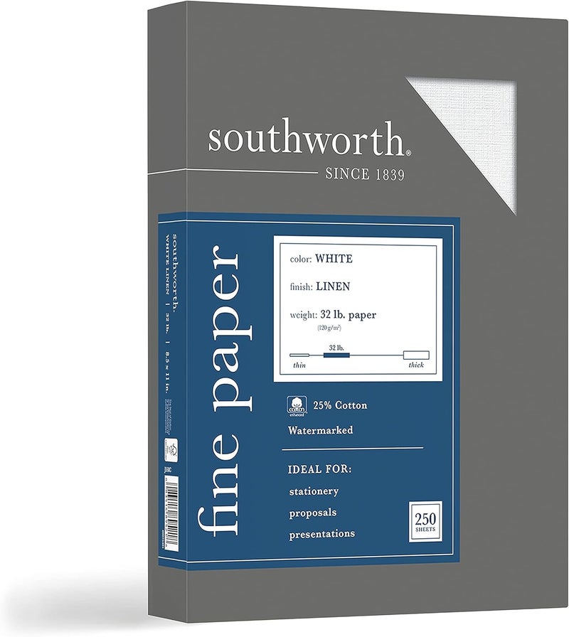 Southworth ورق الأعمال القطني والكتاني Southworth J558C 25 32 رطل 812 × 11 أبيض 250 صندوق - Image 2