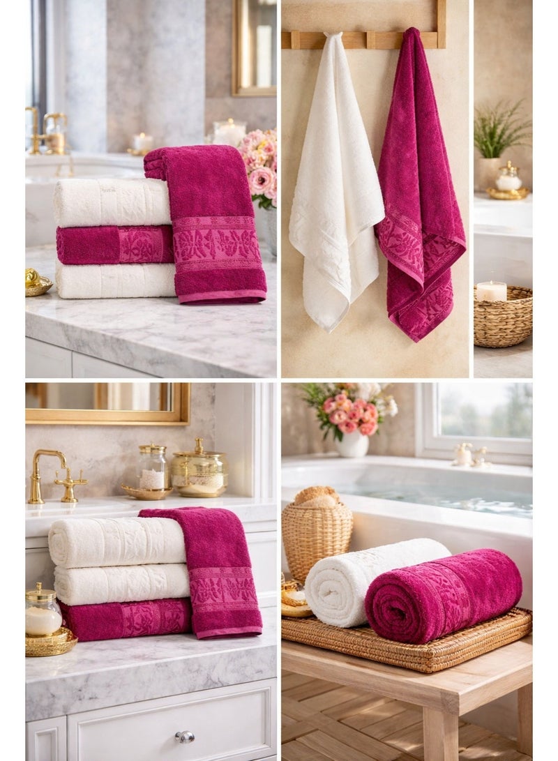Safi Plus Bath Towels And Hand Towels 4-Piece Turkish Set, 100% Genuine Bamboo Cotton 2 Large Bath Towels And 2 Hand Towels, Super Soft, Luxury And Extra Absorbent (White-Burgundy) - Image 4