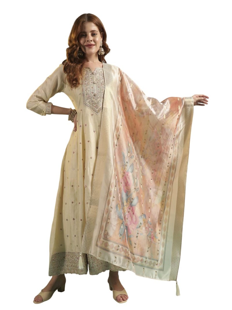 SHOPPING QUEEN Women's Silk Embroidered Kurta Set with Dupatta (A671_Pearl Cream_XL) - Image 1