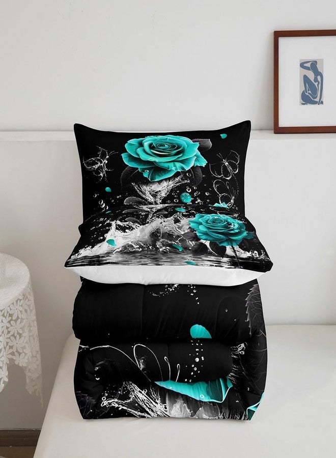 Feelyou Teal Rose Bedding Set Full Size Romantic Floral Blossom Comforter Set for Adult Black Teal Comforter Reflection on Water Quilt Set 3Pcs - Image 5
