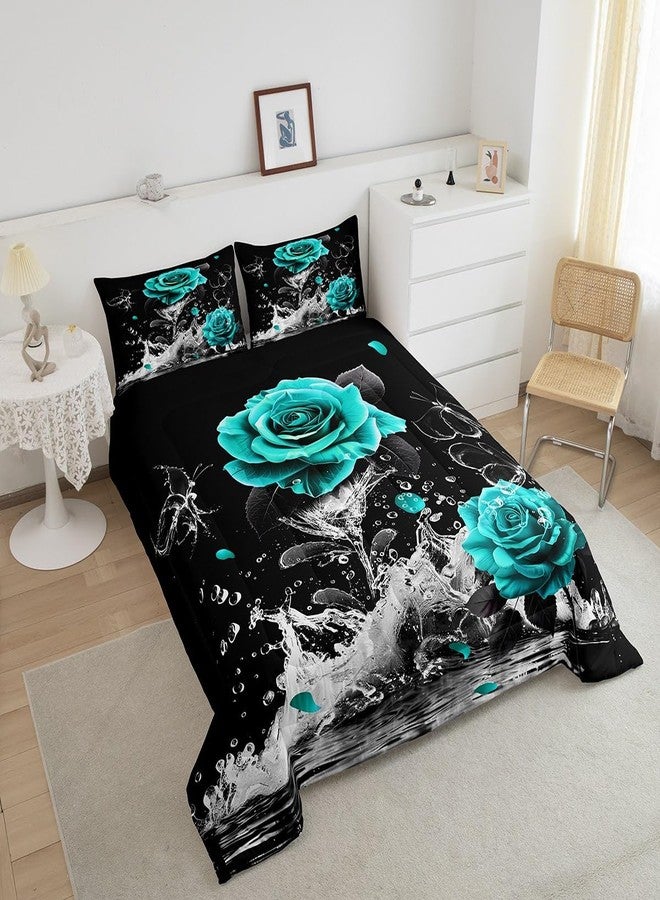 Feelyou Teal Rose Bedding Set Full Size Romantic Floral Blossom Comforter Set for Adult Black Teal Comforter Reflection on Water Quilt Set 3Pcs - Image 3