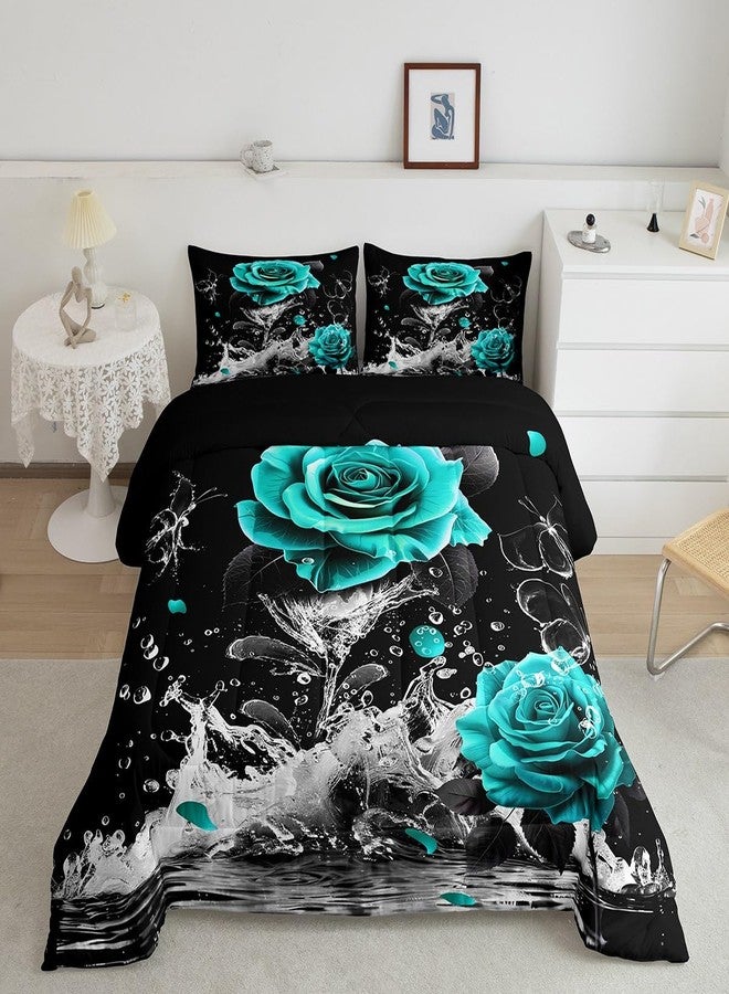 Feelyou Teal Rose Bedding Set Full Size Romantic Floral Blossom Comforter Set for Adult Black Teal Comforter Reflection on Water Quilt Set 3Pcs - Image 1
