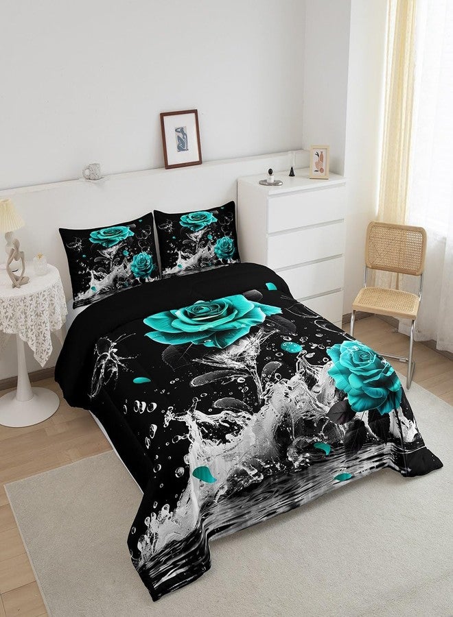 Feelyou Teal Rose Bedding Set Full Size Romantic Floral Blossom Comforter Set for Adult Black Teal Comforter Reflection on Water Quilt Set 3Pcs - Image 2