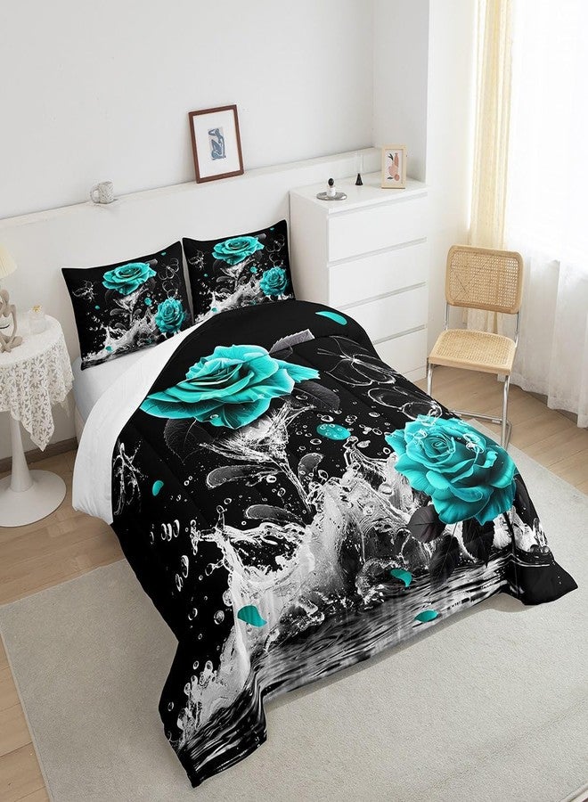 Feelyou Teal Rose Bedding Set Full Size Romantic Floral Blossom Comforter Set for Adult Black Teal Comforter Reflection on Water Quilt Set 3Pcs - Image 4