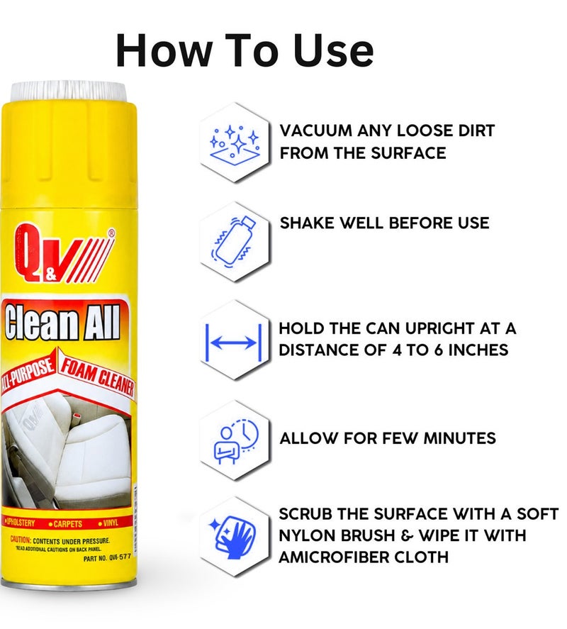 Clean All Multi Purpose Foam Cleaner Spray 650ml Deep Cleaning Foam for Car Interior Dashboard Door Panels Leather Vinyl Plastic Fabric Carpet Upholstery Kitchen Shoes Home Office Grease Dirt Stain Remover Fast Acting Aerosol Cleaning Solution QV5-577 - Image 3