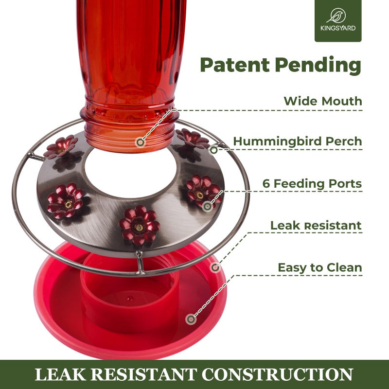 Kingsyard 2 Pack Glass Hummingbird Feeder for Outdoors, 16 Oz Wild Bird Feeder with 6 Feeding Ports Hanging for Garden Yard, Red (Ant Moat Included) - Image 3