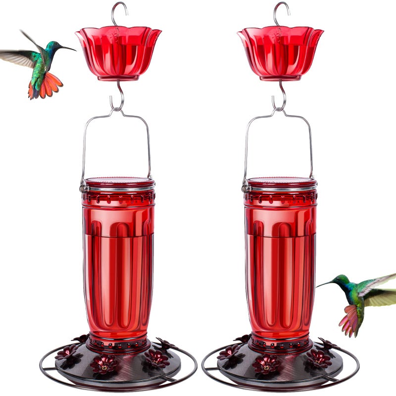 Kingsyard 2 Pack Glass Hummingbird Feeder for Outdoors, 16 Oz Wild Bird Feeder with 6 Feeding Ports Hanging for Garden Yard, Red (Ant Moat Included) - Image 1
