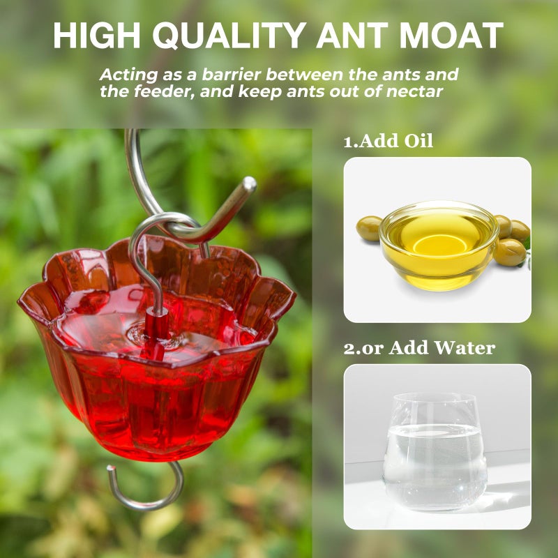 Kingsyard 2 Pack Glass Hummingbird Feeder for Outdoors, 16 Oz Wild Bird Feeder with 6 Feeding Ports Hanging for Garden Yard, Red (Ant Moat Included) - Image 4
