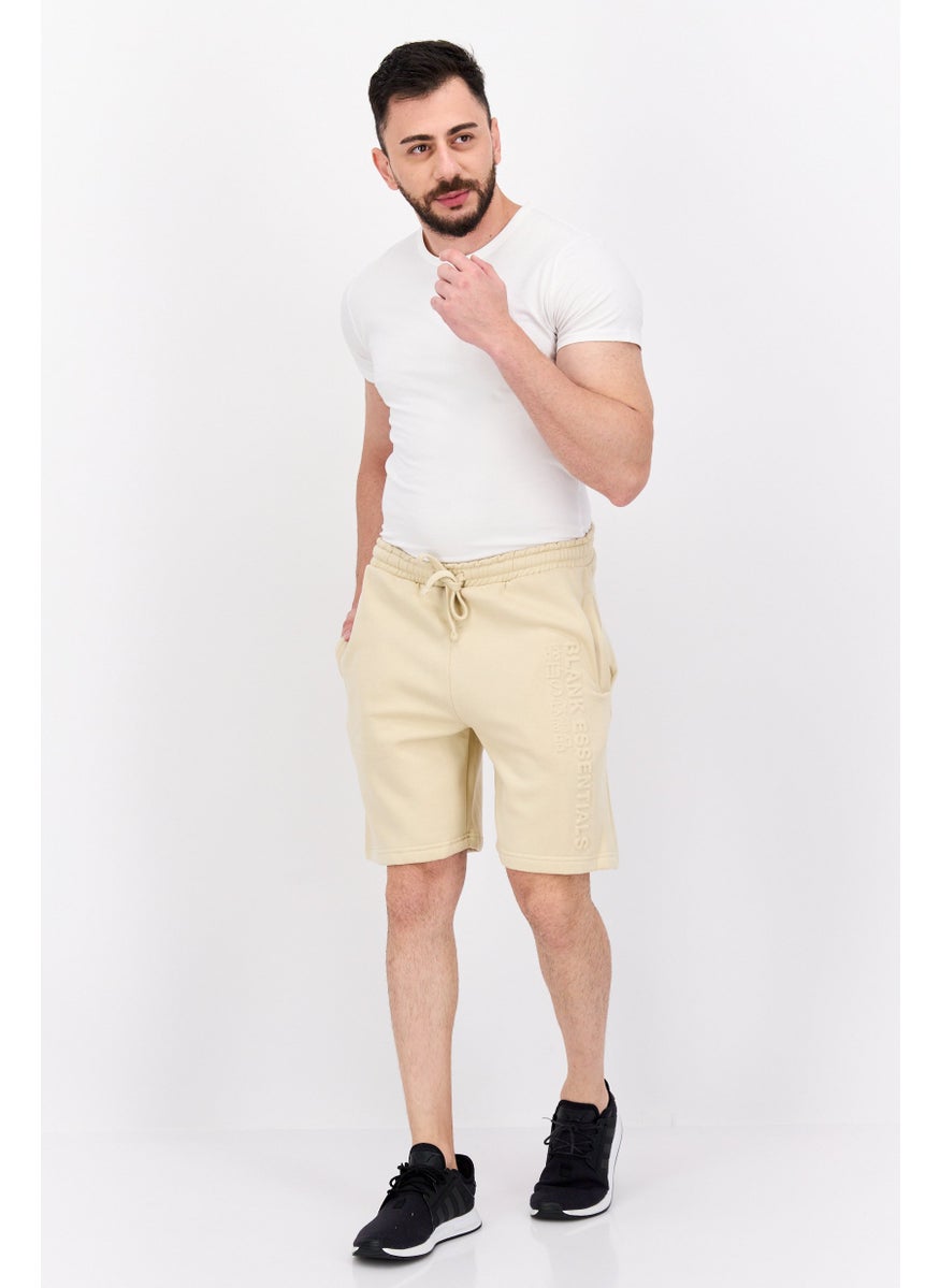 Blank Essentials - Men Drawstring Embossed Brand Short, Beige - Image 1
