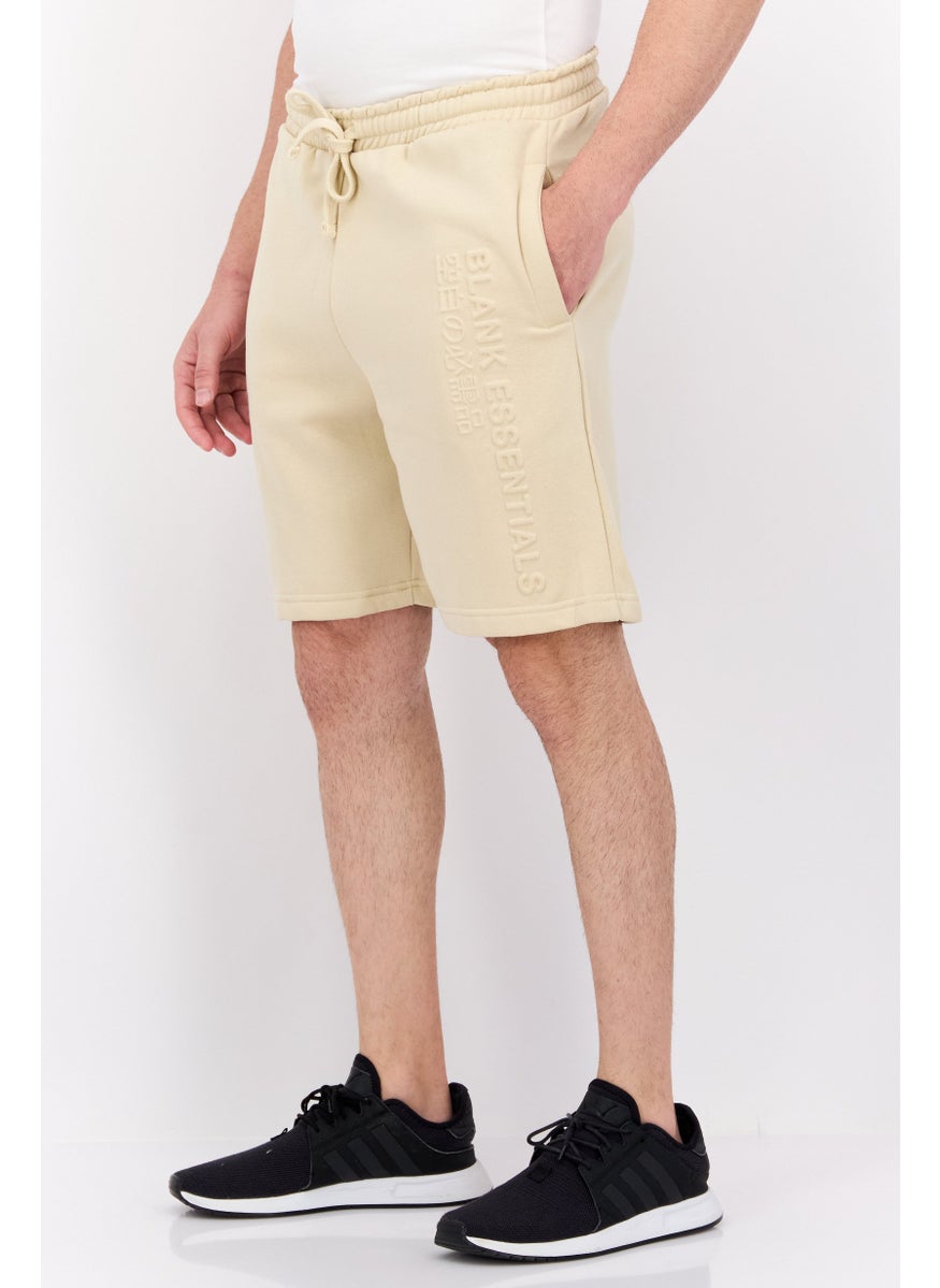 Blank Essentials - Men Drawstring Embossed Brand Short, Beige - Image 1