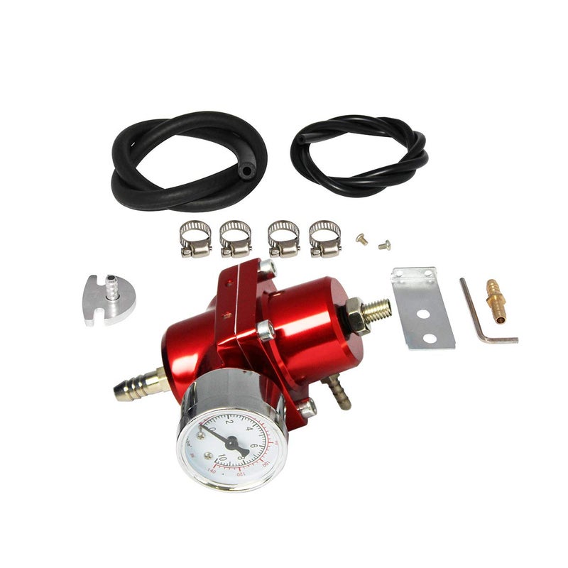 Partschoice Universal Adjustable Fuel Pressure Regulator Kit with 0-140 PSI Gauge Aluminum Gas Oil Injection Pressure Regulator Red FPR - Image 1