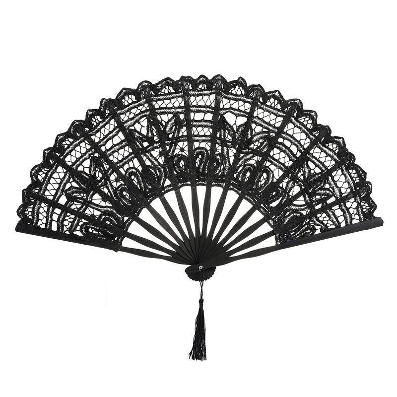 BABEYOND Cotton Lace Folding Handheld Fan Embroidered Bridal Hand Fan with Bamboo Staves for Wedding Decoration Dancing Party Black2