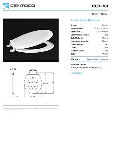 Centoco 1200-001 Round Plastic Toilet Seat, Standard Economy Model, Light Weight Residential, White - Image 3