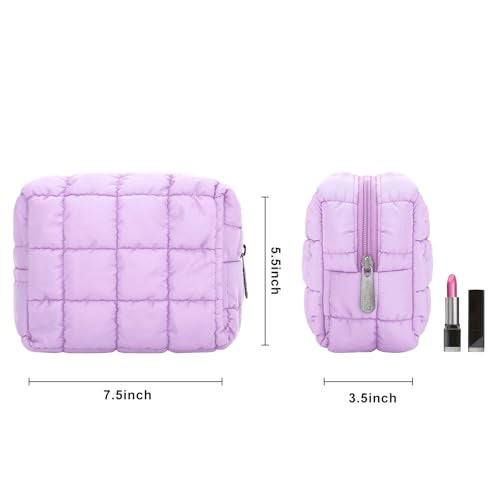 E-Tree Cute Makeup Bag,Quilted Cosmetic Bag for Women,Make up Pouch for Purse,Toiletry Zipper Pouch,Checkered Bag,Travel Case,Storage Pouches for Organization (Purple) - Image 3