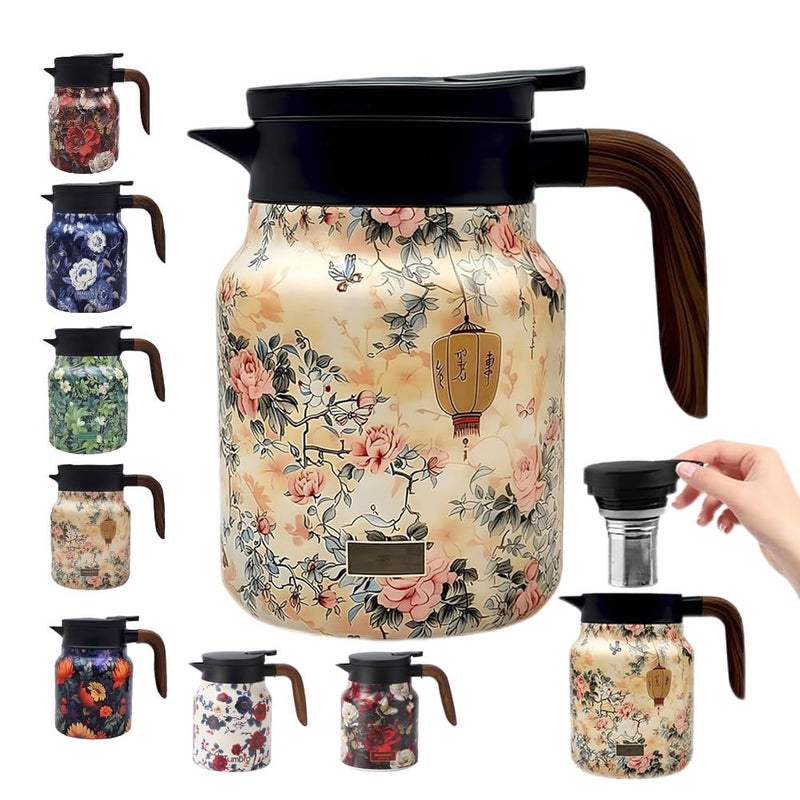 TBHAPY Vintage Floral Pattern Tea Pots â€“ Built-in Infuser,Vintage Floral Teapot with Built In Infuser Stainless Steel Thermal Carafe with Lid for Hot Drinks,Pink(Wooden handle,35oz) - Image 1