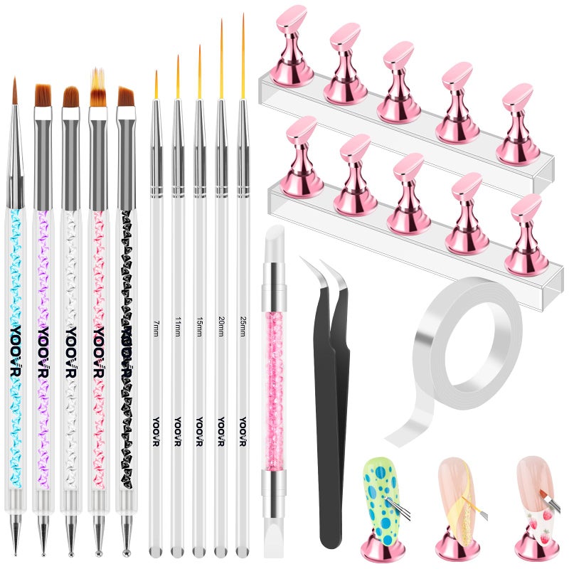 YOOVR Nail Art Tools Set, Nail Stand for Press on Holder for Painting Nails, Nail Art Brushes and Dotting Tools, Nail Design Tools Supplies, Gel Polish and Builder Brush, French Tip Brush, Liner Brush - Image 1