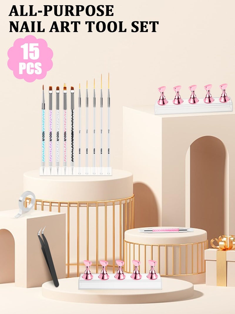 YOOVR Nail Art Tools Set, Nail Stand for Press on Holder for Painting Nails, Nail Art Brushes and Dotting Tools, Nail Design Tools Supplies, Gel Polish and Builder Brush, French Tip Brush, Liner Brush - Image 2