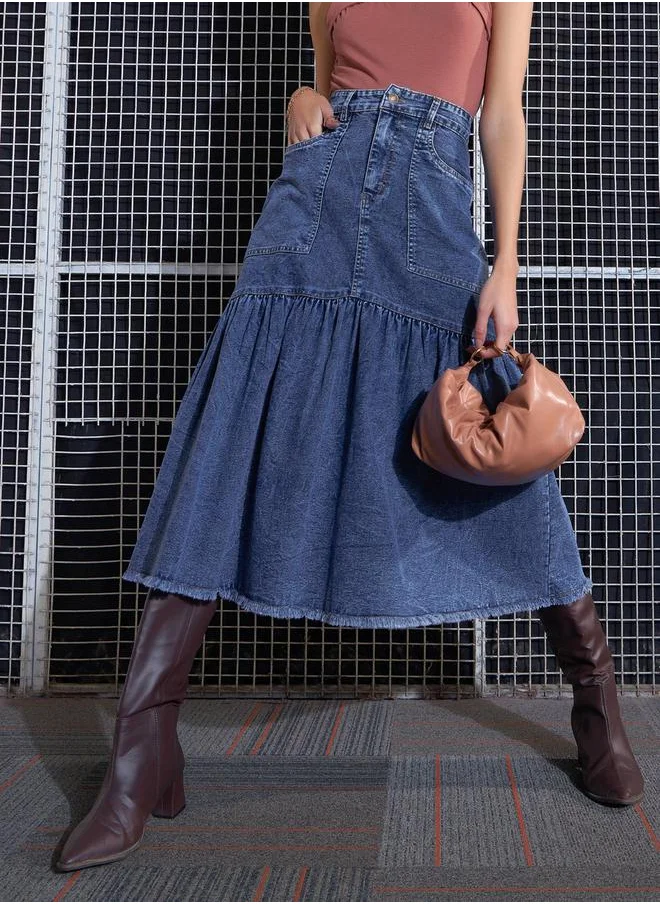 ساسافراس Denim Flared Midi Skirt by Styli