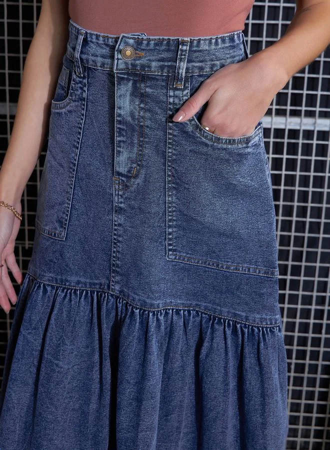 SASSAFRAS Denim Flared Midi Skirt by Styli