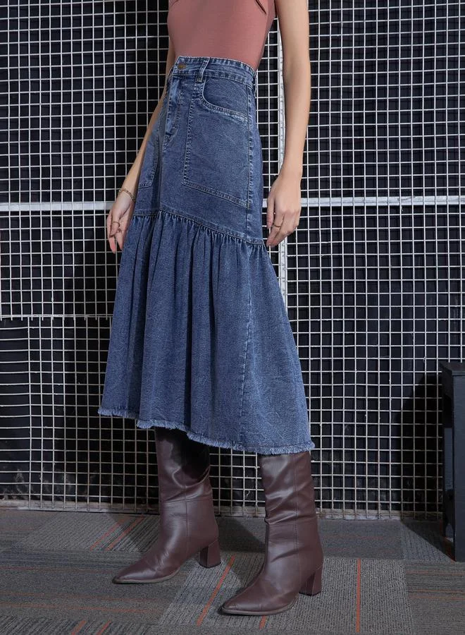 SASSAFRAS Denim Flared Midi Skirt by Styli