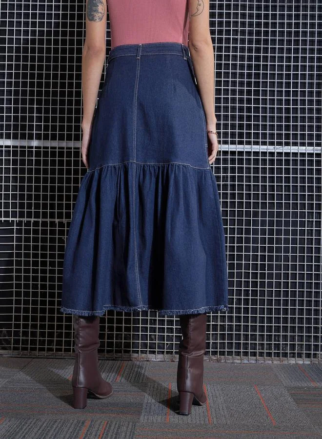 SASSAFRAS Denim Flared Midi Skirt by Styli
