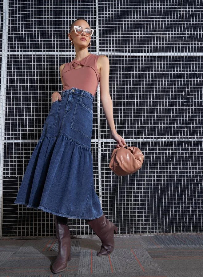 SASSAFRAS Denim Flared Midi Skirt by Styli